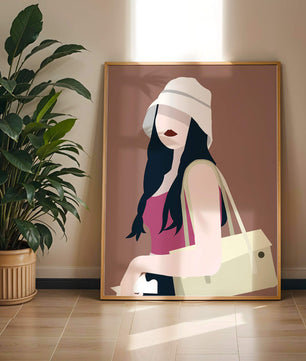Ilustración elegante de una mujer con sombrero de cubo y ropa casual