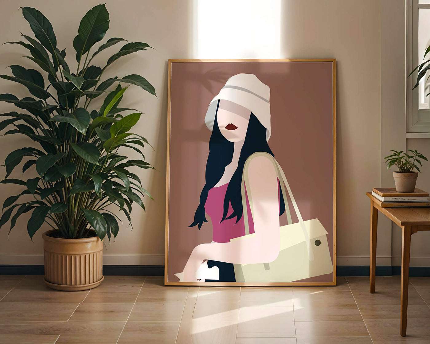 Stylish illustration of a woman in a bucket hat and casual outfit
