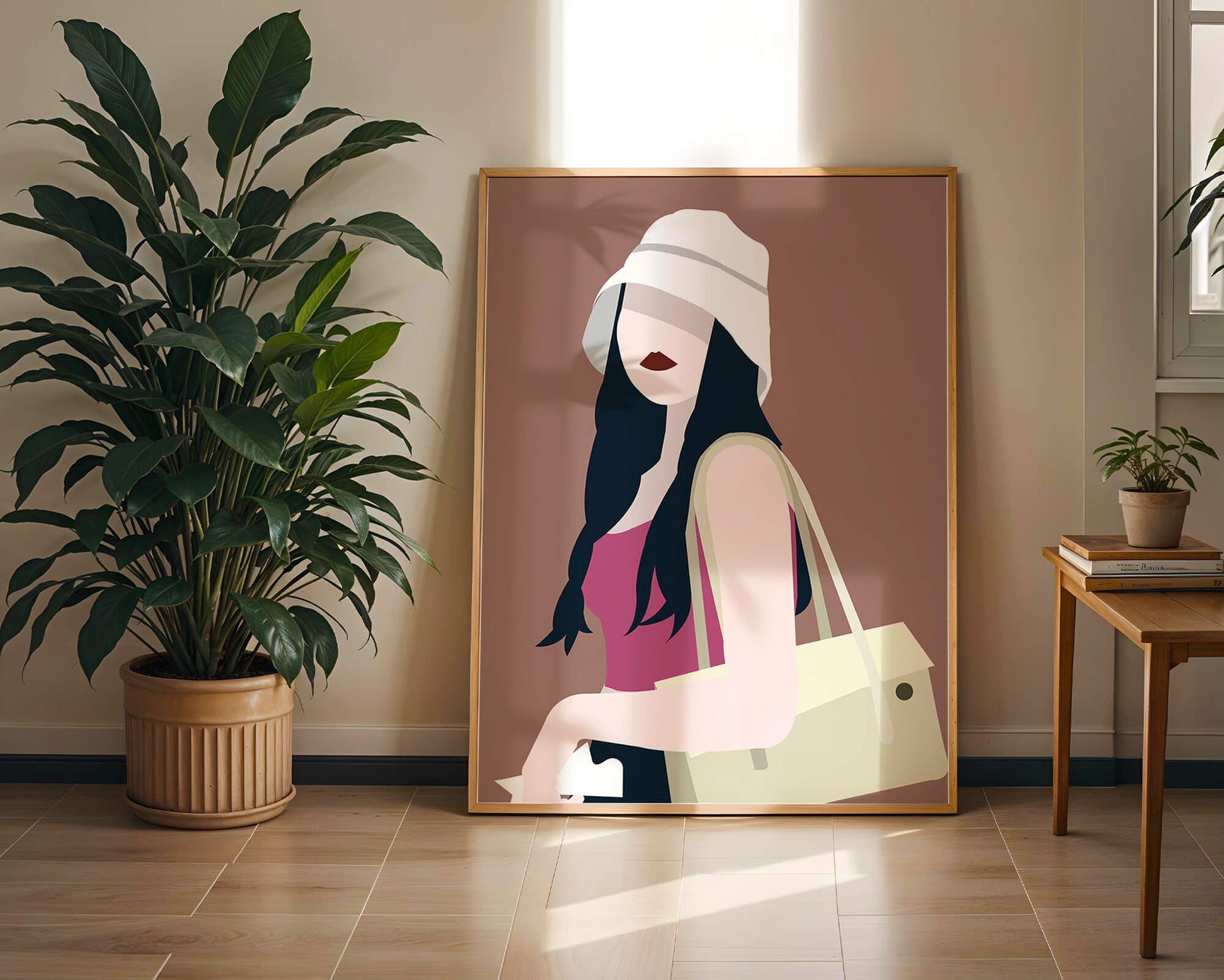 Stylish illustration of a woman in a bucket hat and casual outfit