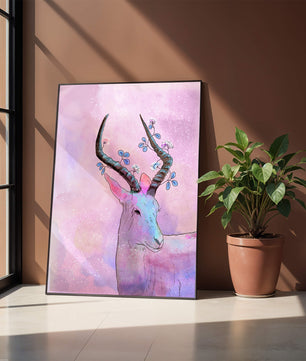 Pastel watercolor illustration of antelope with floral horns