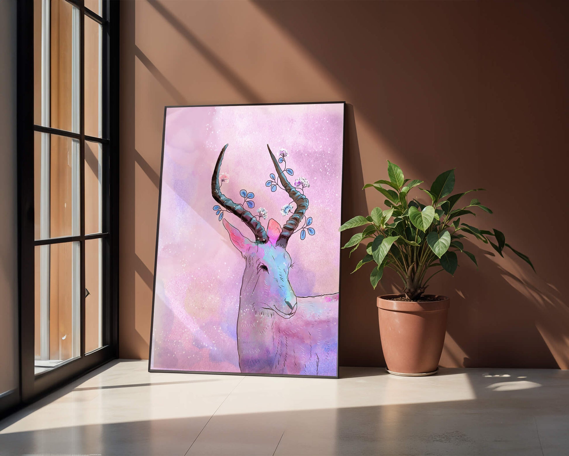 Pastel watercolor illustration of antelope with floral horns