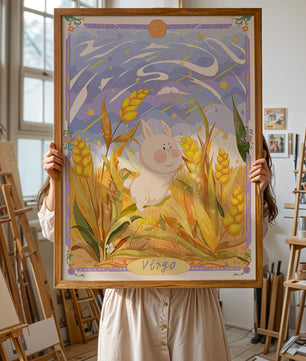 Cute Bunny in Wheat Field with Virgo Zodiac Theme