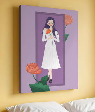 Illustration of a woman holding a flower in a serene pose