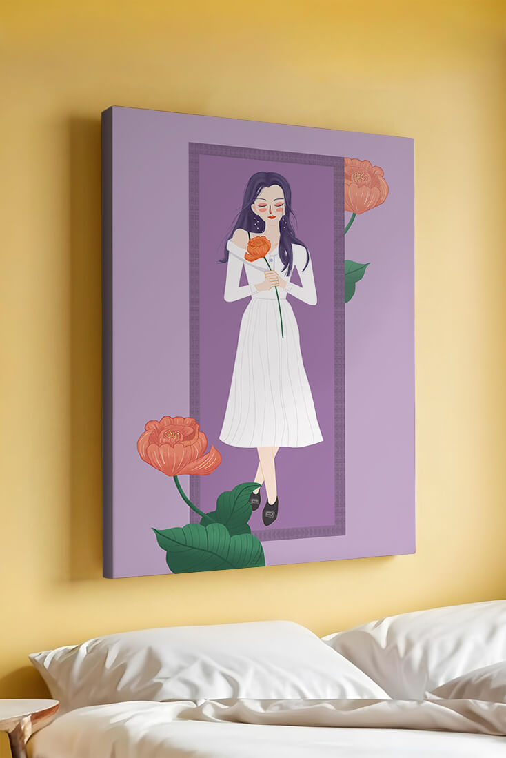 Illustration of a woman holding a flower in a serene pose
