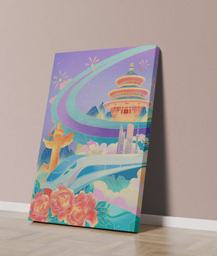 Colorful futuristic landscape with traditional Chinese architecture and high-speed train
