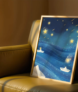 Sterne am Nachthimmel mit Papierbooten auf dem Meer
