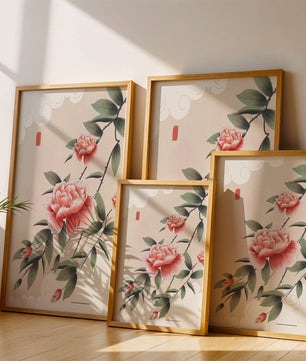 Oriental floral illustration with pink peonies and calligraphy