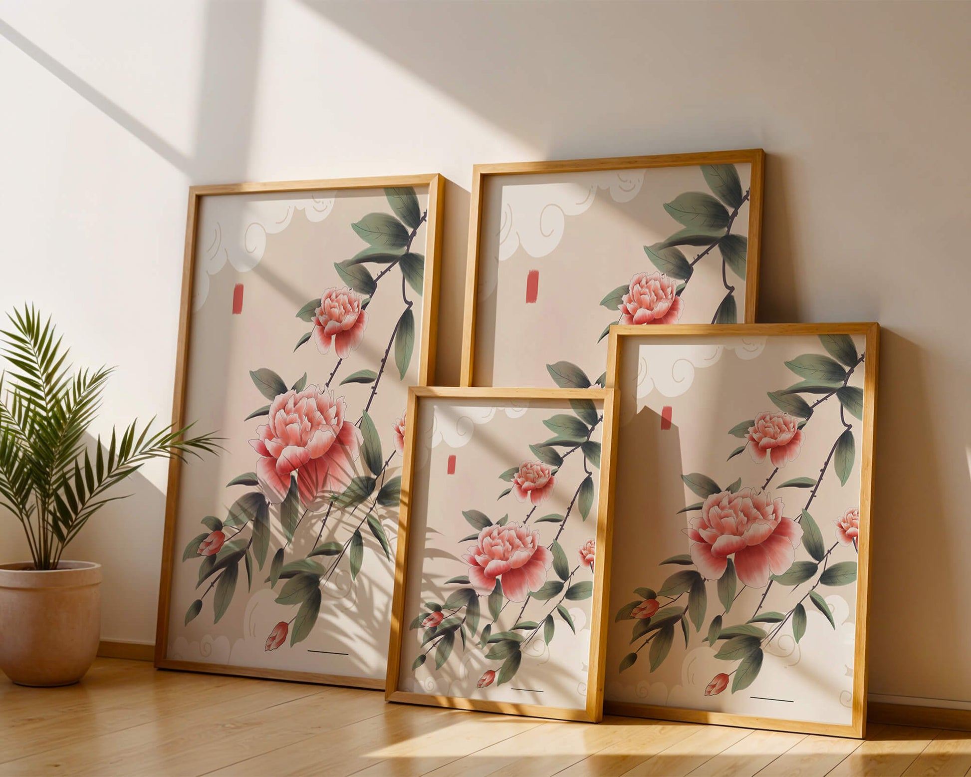 Oriental floral illustration with pink peonies and calligraphy
