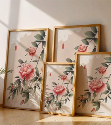 Oriental floral illustration with pink peonies and calligraphy