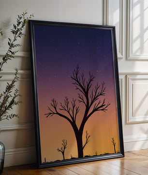Silhouette Of Tree Against Stunning Sunset Sky With Stars