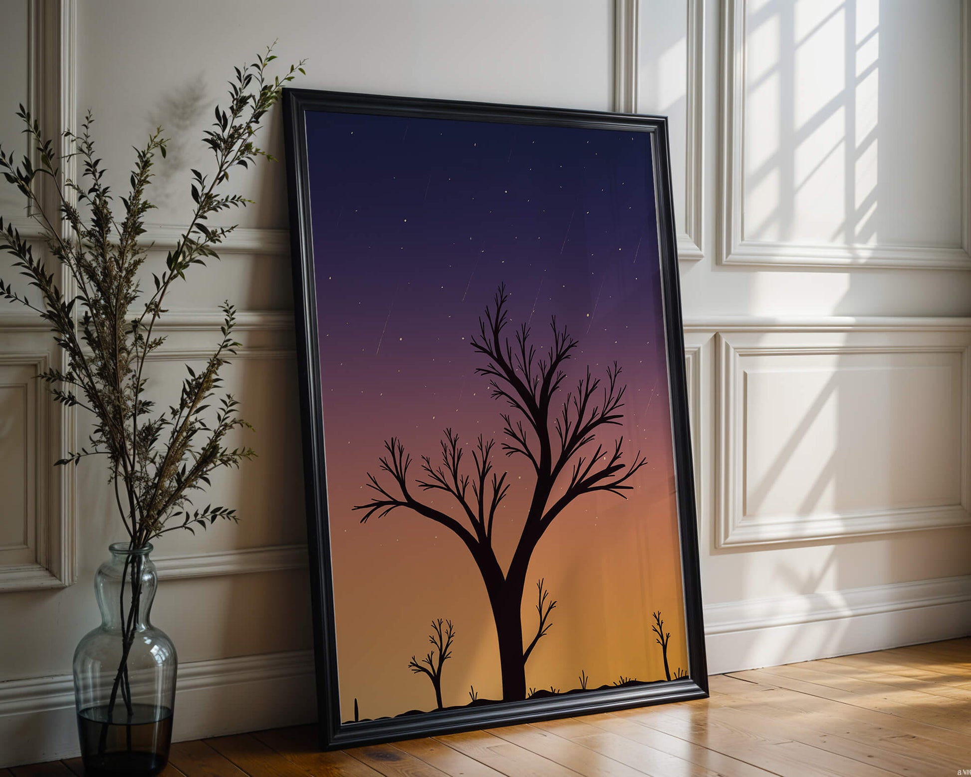 Silhouette Of Tree Against Stunning Sunset Sky With Stars