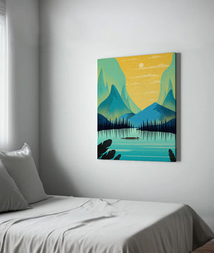 Serene lake landscape with mountains and sunset