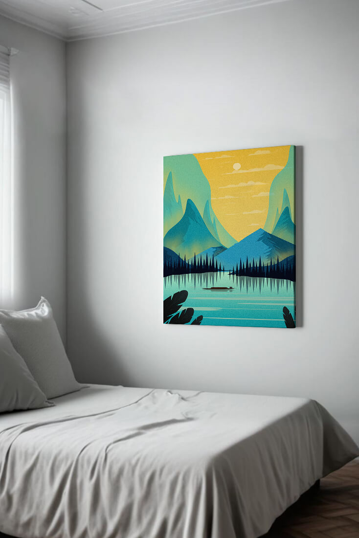Serene lake landscape with mountains and sunset