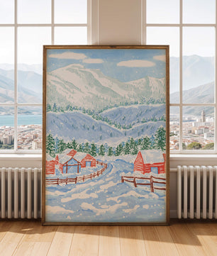 Bezaubernde Schneelandschaft mit Bergblick und gemütlichen Hütten