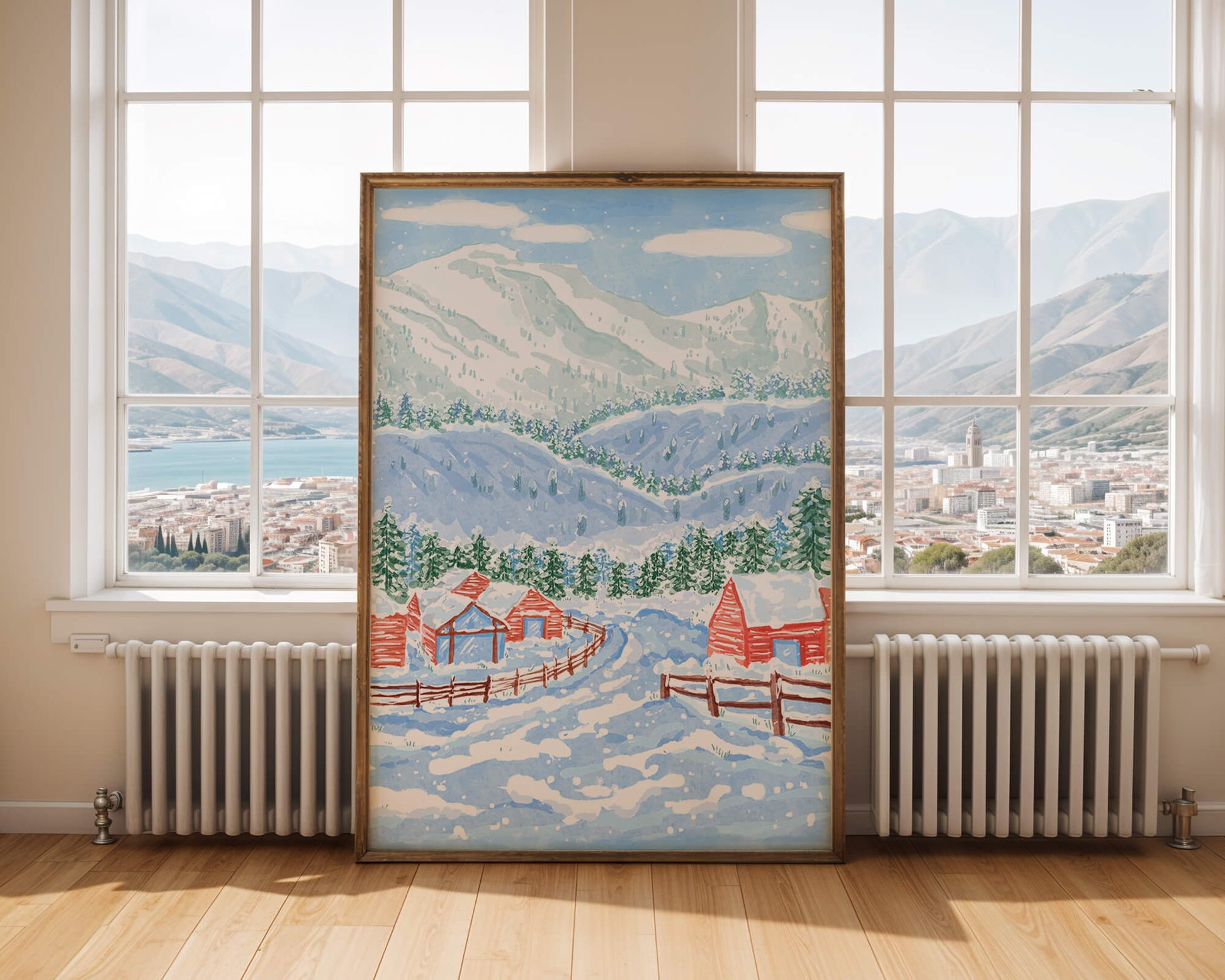 Charming snowy landscape with mountain view and cozy cabins