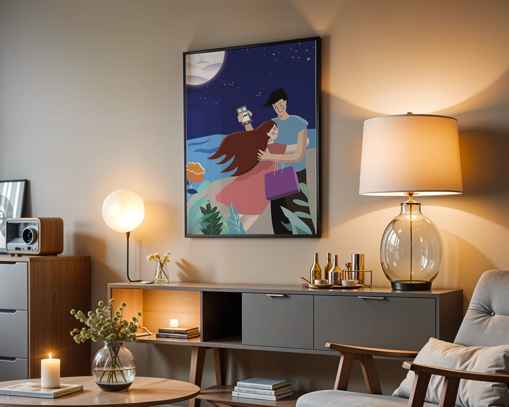 Romantic couple embracing under a moonlit night