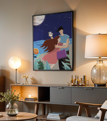 Romantic couple embracing under a moonlit night