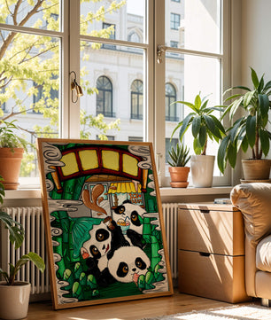 Ilustración de pandas encantadores disfrutando de helado bajo un puente de bambú