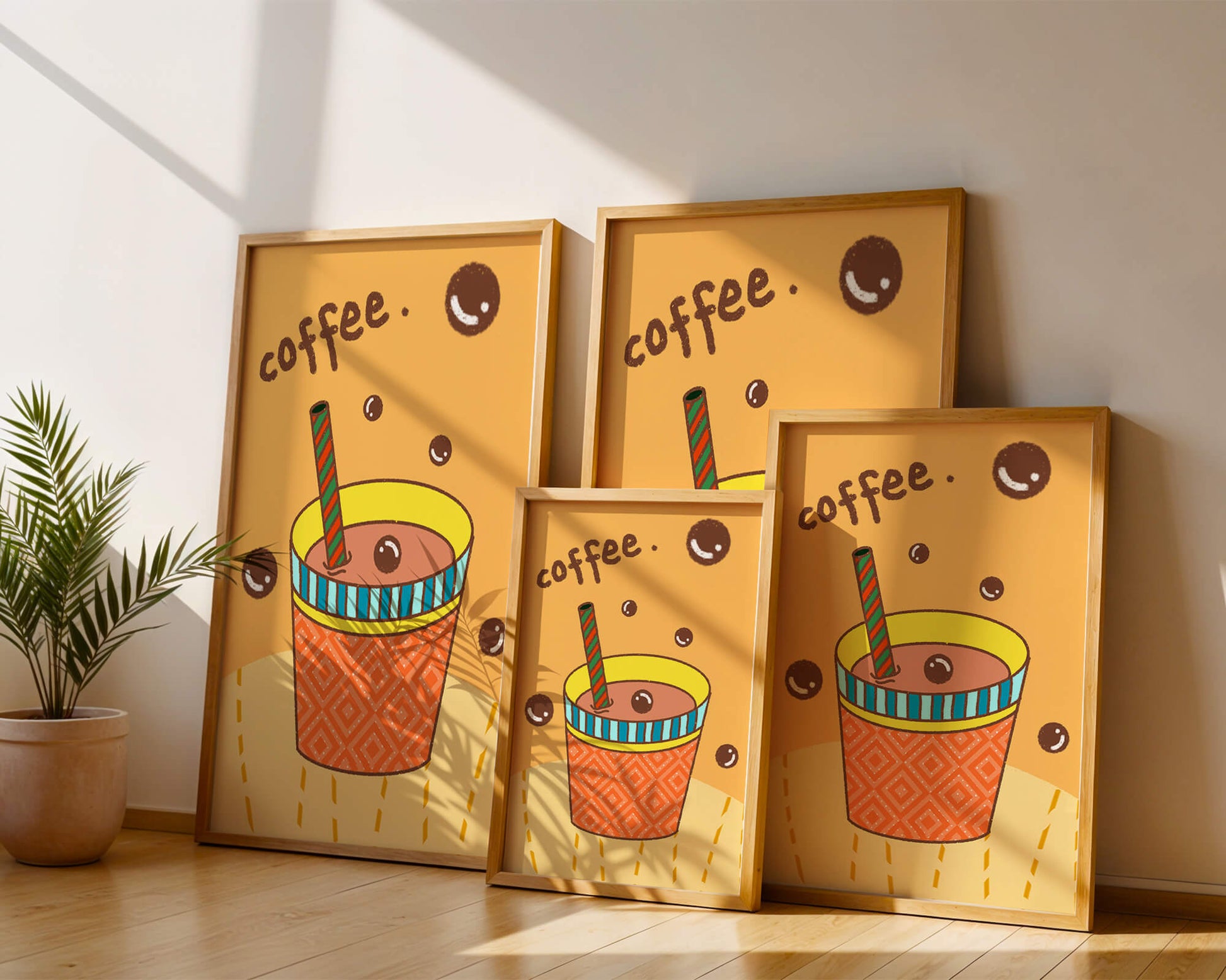 Colorful coffee cup illustration with bubbles and straw