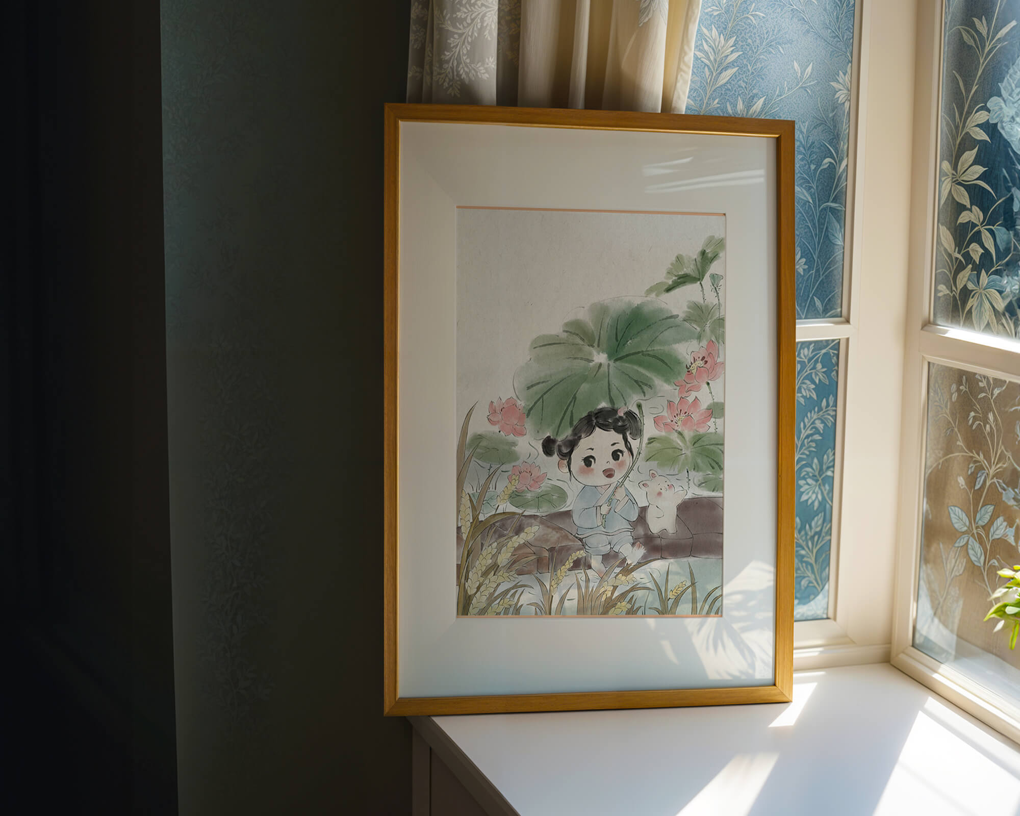 Charming illustration of a child with flowers and a bunny by the water