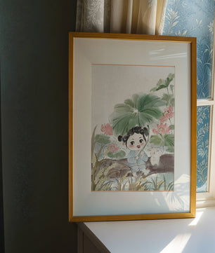 Charming illustration of a child with flowers and a bunny by the water