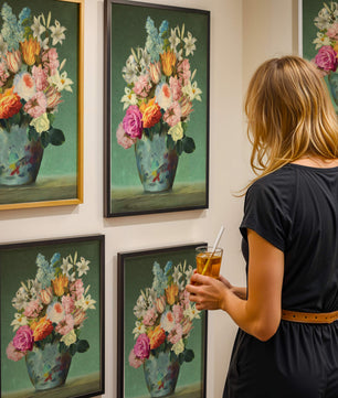 Floral arrangement in a decorative vase on a green background