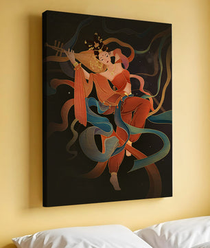 Elegant depiction of a goddess playing a lute with flowing ribbons