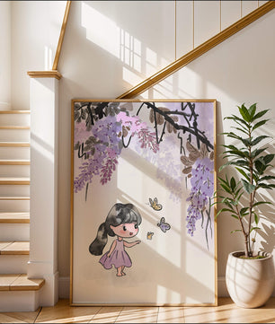 Charmante Illustration eines kleinen Mädchens mit Schmetterlingen und Glyzinienblüten