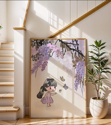 Charming illustration of a little girl with butterflies and wisteria flowers