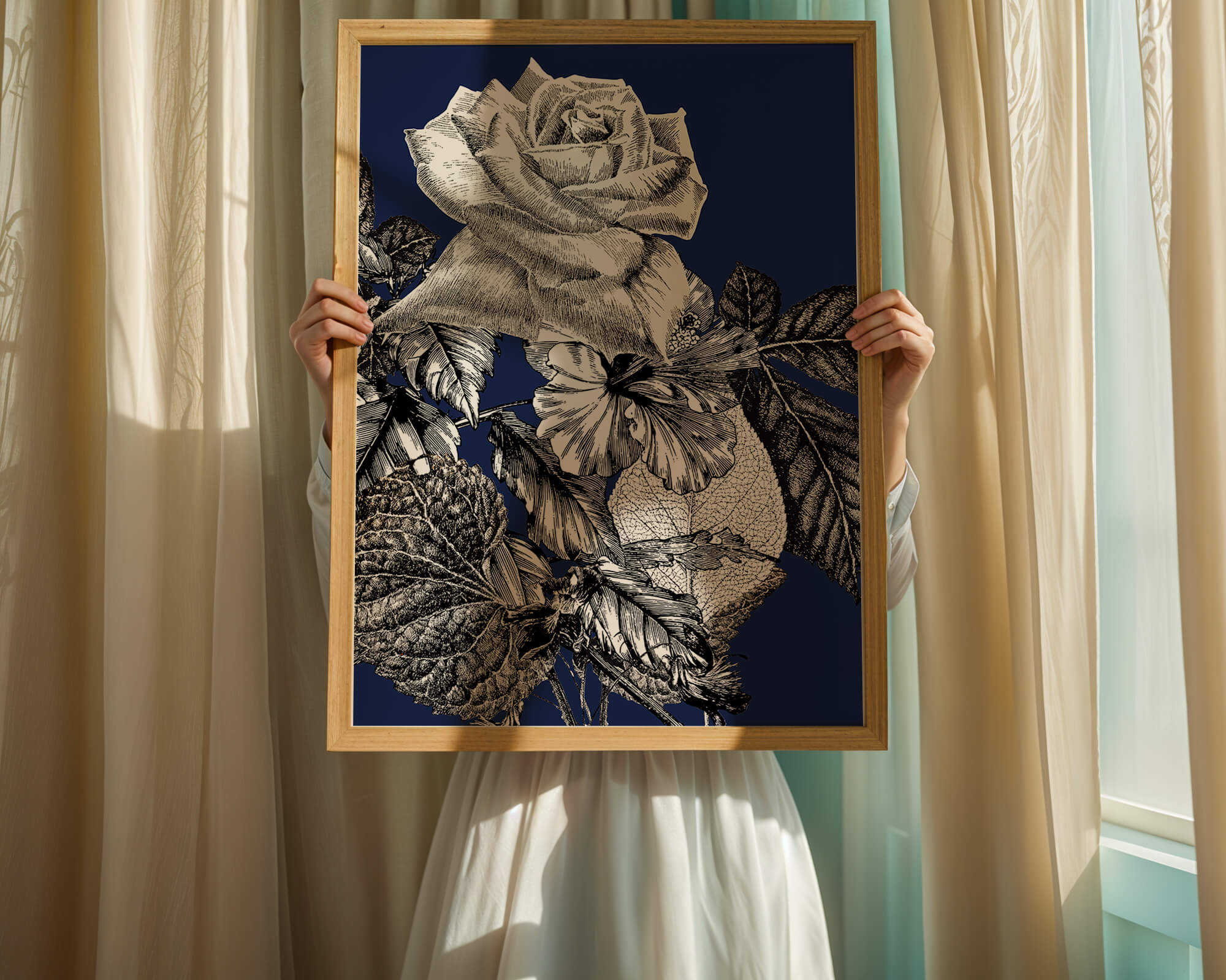 Intricate botanical illustration of roses and foliage on a deep blue background
