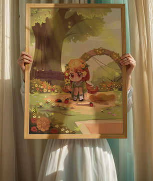 Charming anime-style scene with young girl, flowers, and nature background