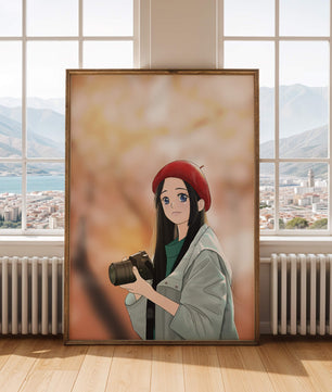 Chica de anime con boina roja sosteniendo una cámara durante el otoño