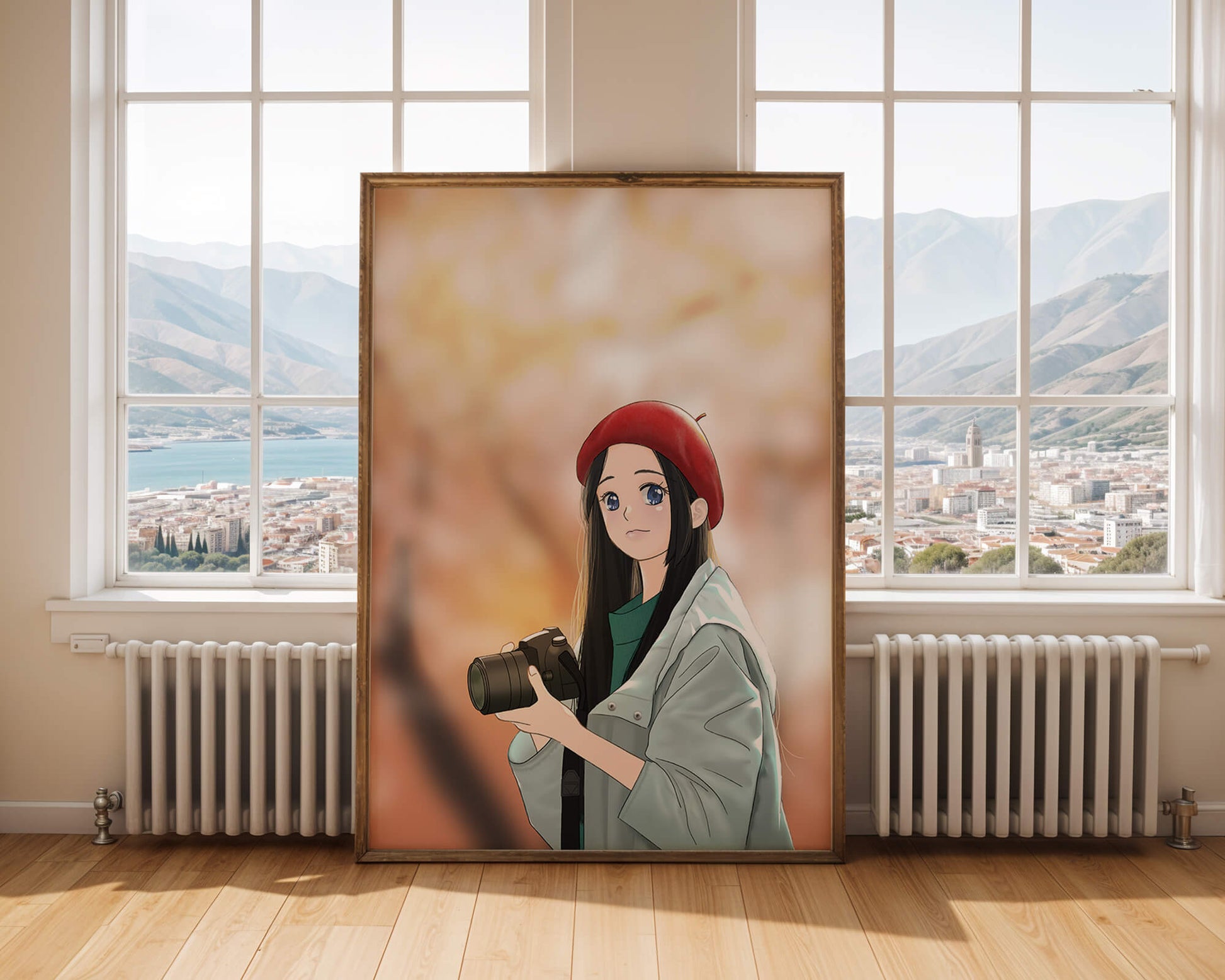 Anime girl in red beret holding camera during autumn