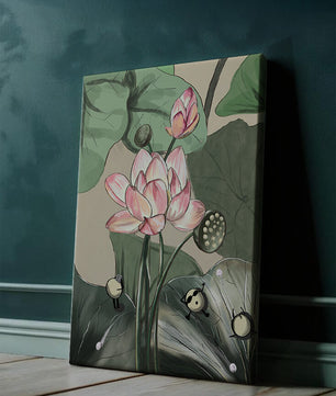 Illustrated lotus with playful cartoon bees in a serene garden
