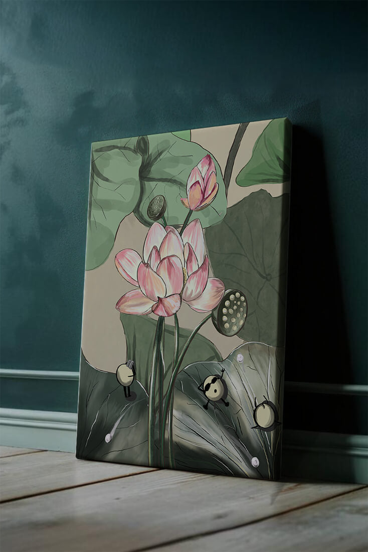 Illustrated lotus with playful cartoon bees in a serene garden