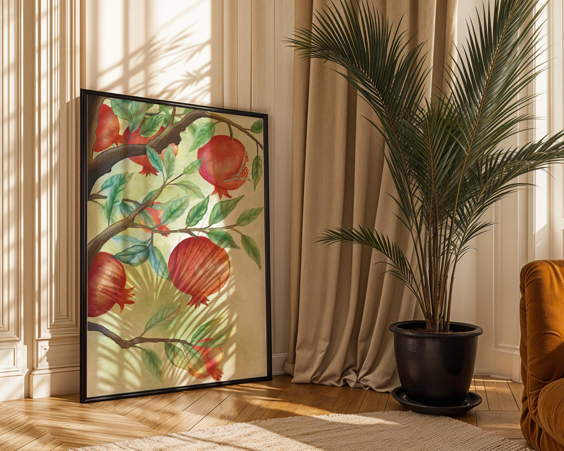 Watercolor Pomegranate Tree Branch with Fruits and Leaves
