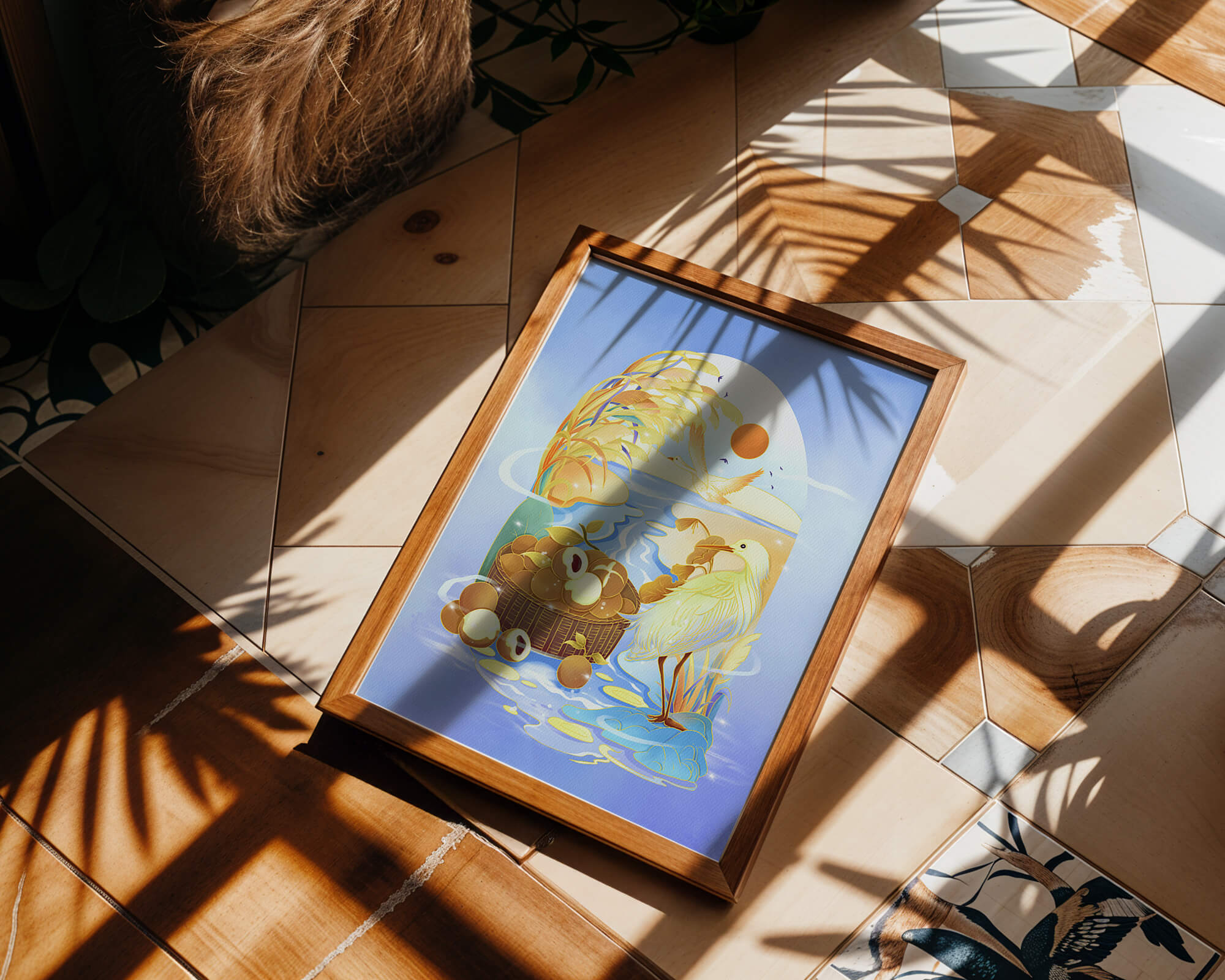 Serene landscape with a bird, fruit basket, and golden reeds under a bright sun