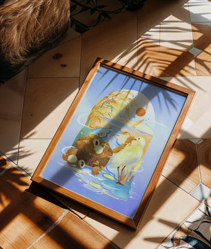 Serene landscape with a bird, fruit basket, and golden reeds under a bright sun