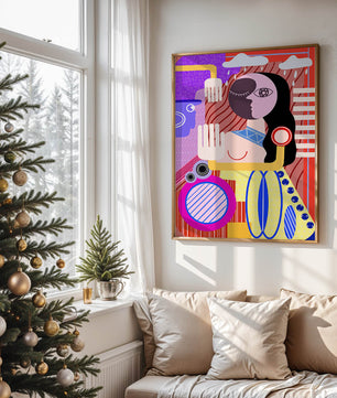 Abstrakte geometrische Kunst mit einer weiblichen Figur in leuchtenden Farben