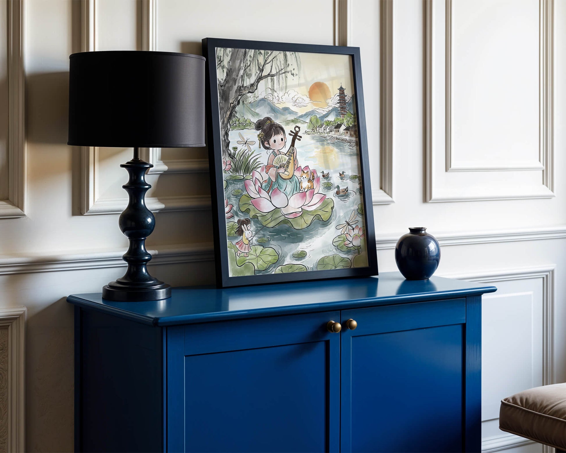 Traditional Asian Scenery with Girl Playing Instrument on Lotus Pond at Sunset