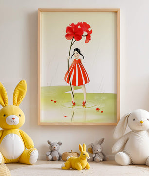 Young girl holding large red flower standing in puddle illustration