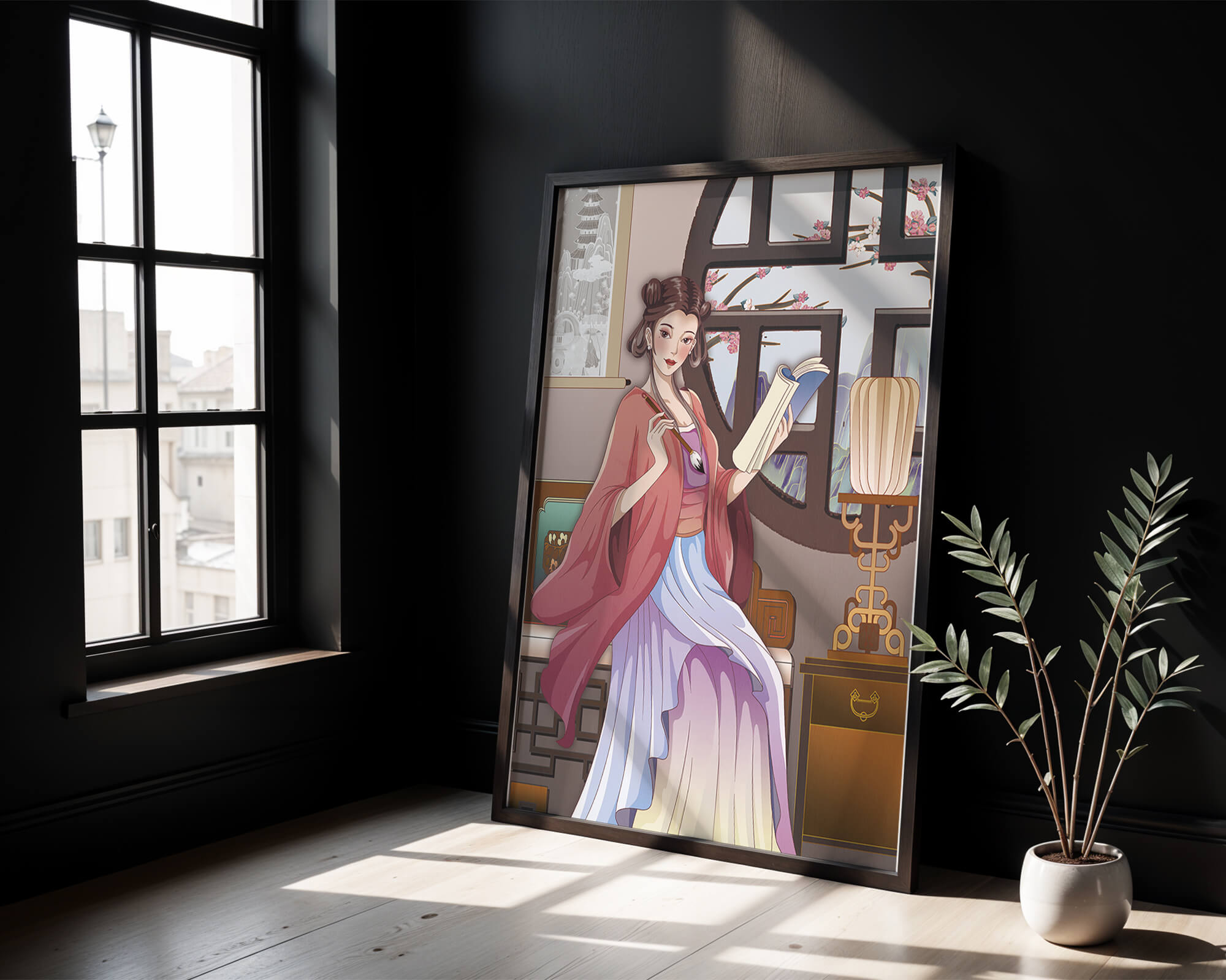 Illustrated scene of a woman in traditional attire reading by a window