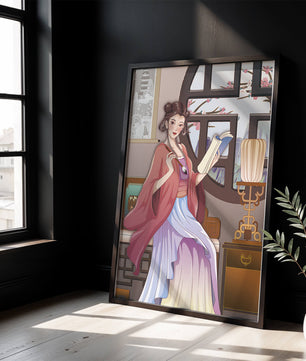 Illustrated scene of a woman in traditional attire reading by a window