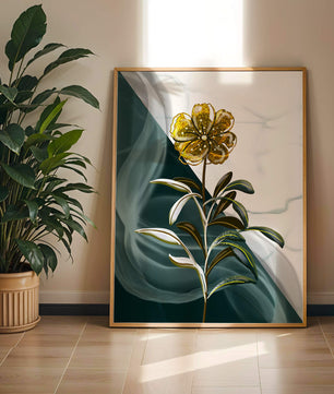 Abstract floral design featuring a golden flower with textured leaves