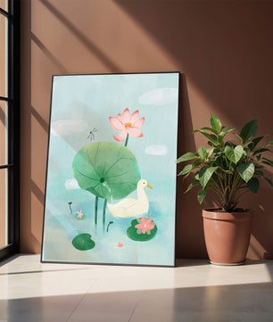 Eine ruhige Teichszene mit einer Ente, Lotusblumen und Seerosenblättern 