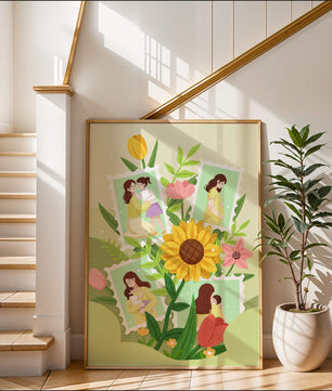 Ilustración de momentos familiares con fondo floral vibrante
