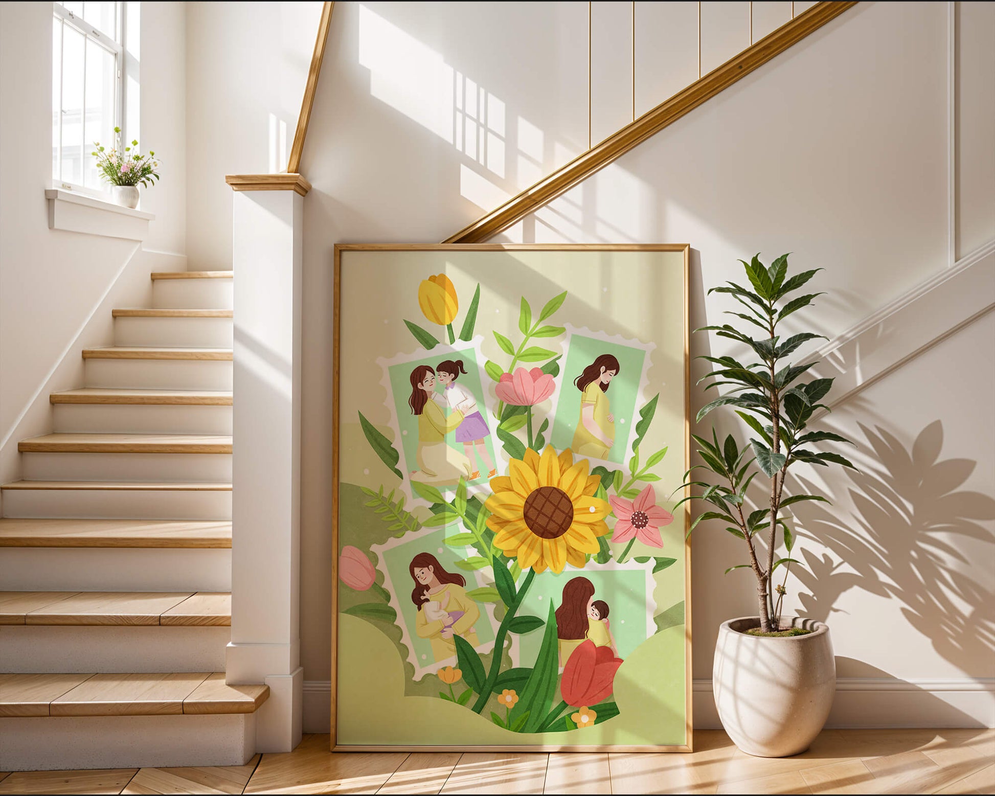 Ilustración de momentos familiares con fondo floral vibrante