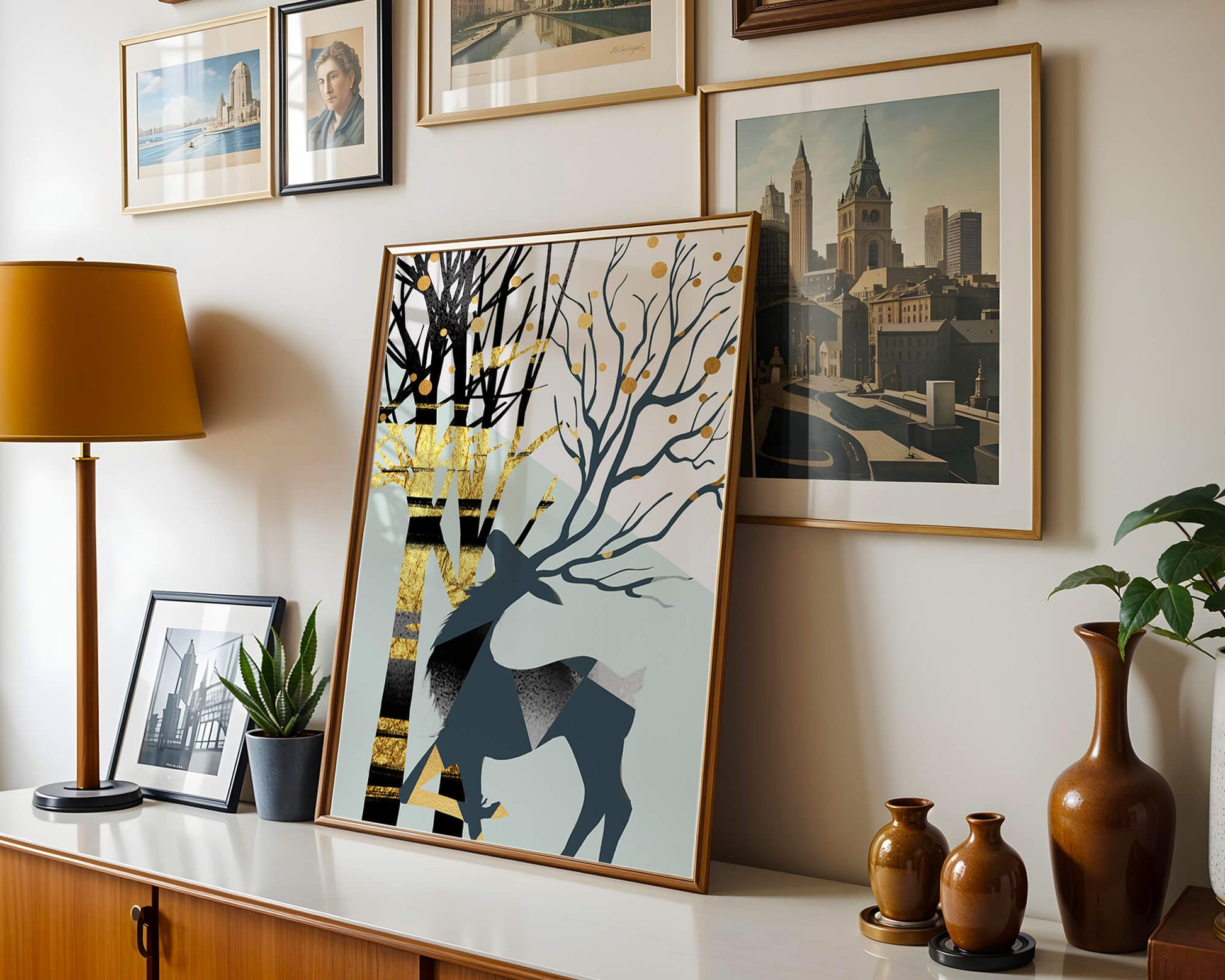 Abstract Deer Silhouette with Golden Accents and Trees