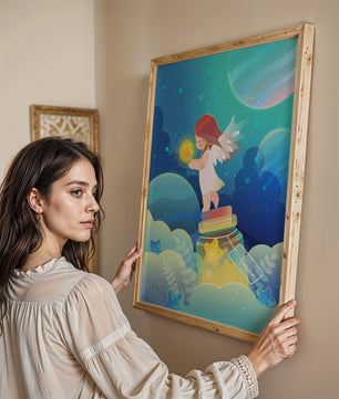 Enchanting angel collecting stars in a dreamy night sky