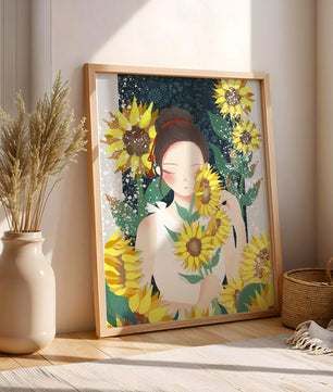 Young woman surrounded by vibrant sunflowers in a serene setting